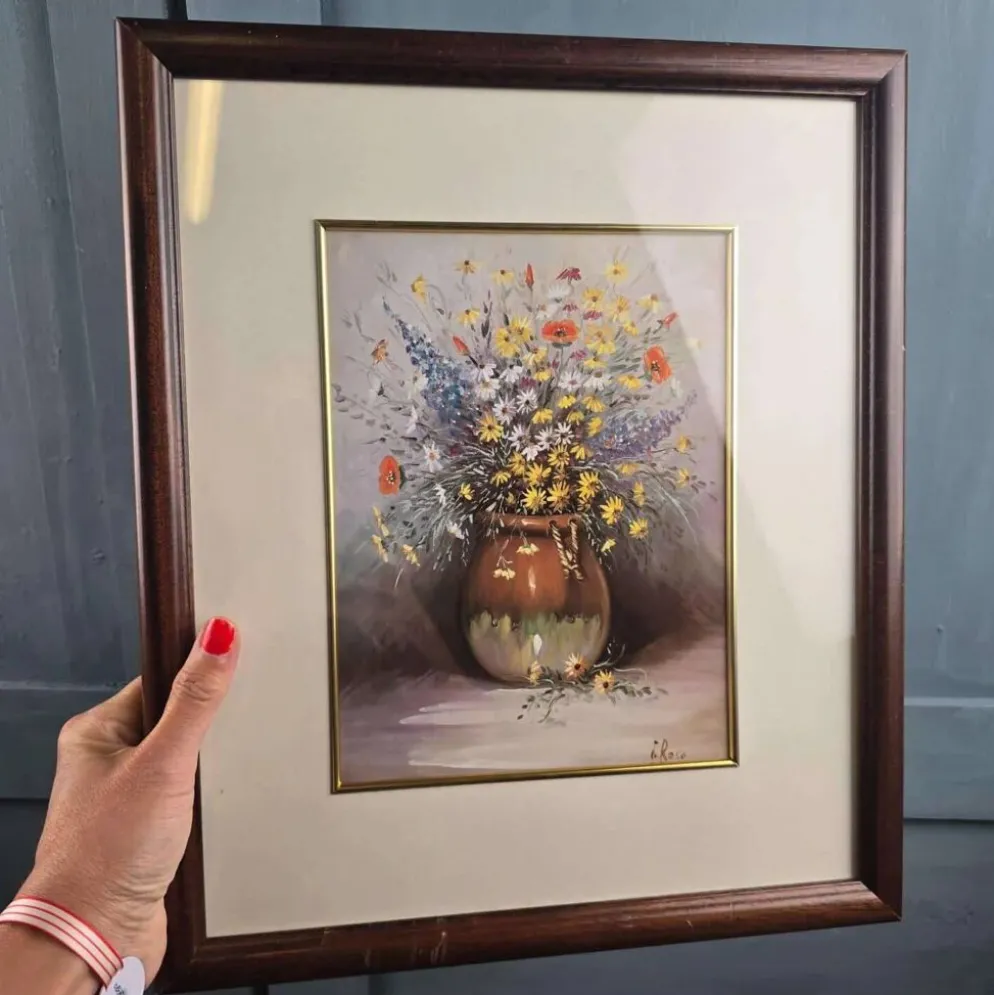 Cadre vintage bouquet de fleurs signé Roca – Impression décorative sous verre