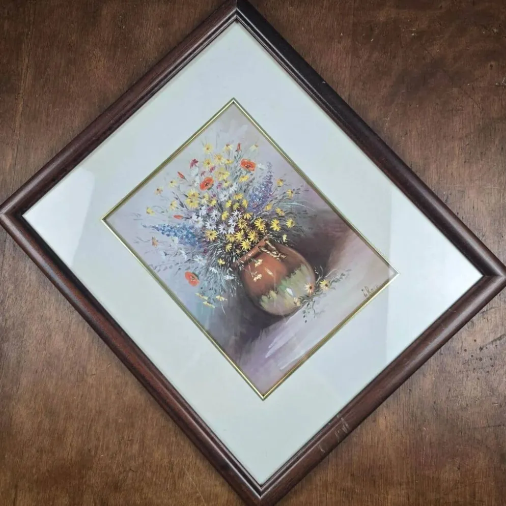 Cadre vintage bouquet de fleurs signé Roca – Impression décorative sous verre