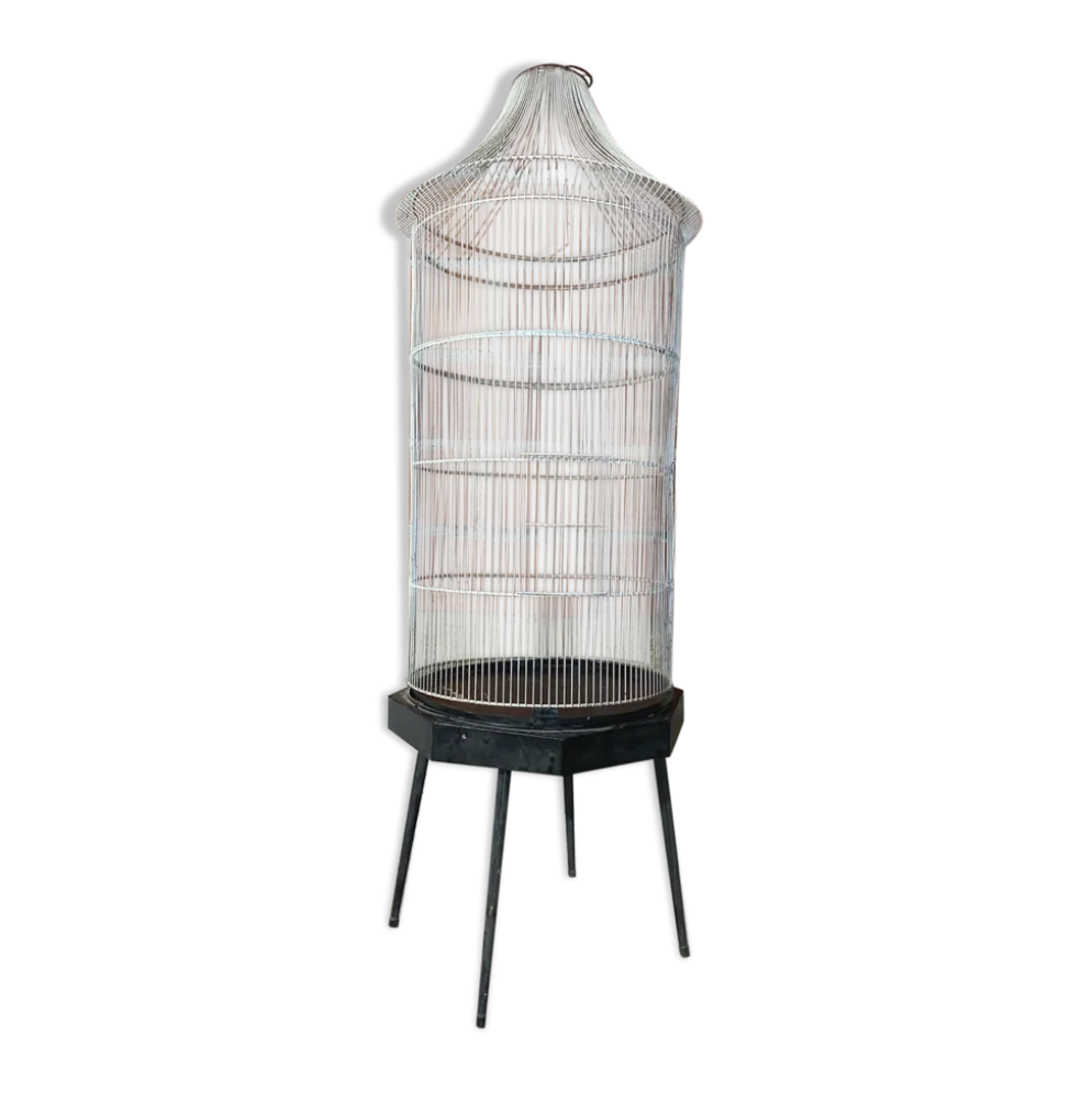 Cage a oiseaux ancienne metal noir & blanc sur pieds deco vintage