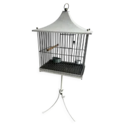 Cage à oiseaux style pagode, milieu du siècle, sur support — métal blanc et noir avec détails en laiton