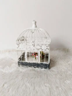 Cage pour déco en métal, patinée blanche et rotin