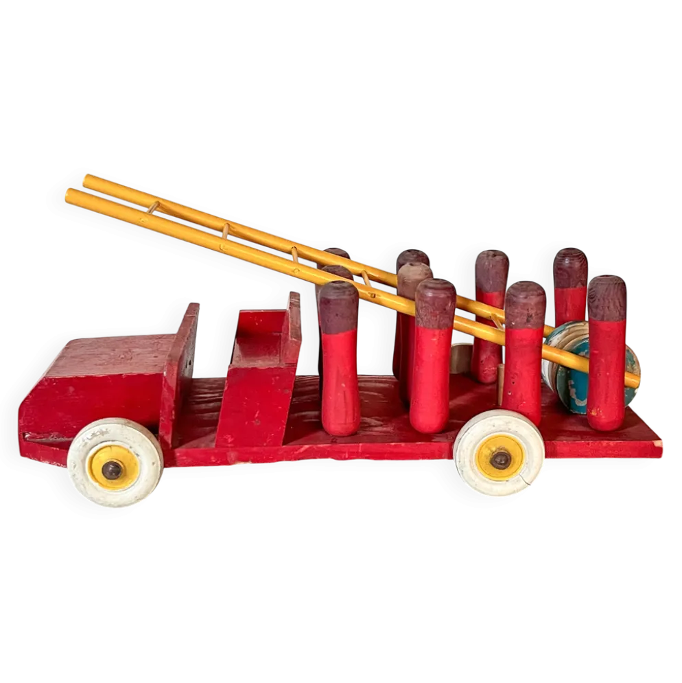 camion de pompier jeu de quilles en bois, jouet ancien années 30/40