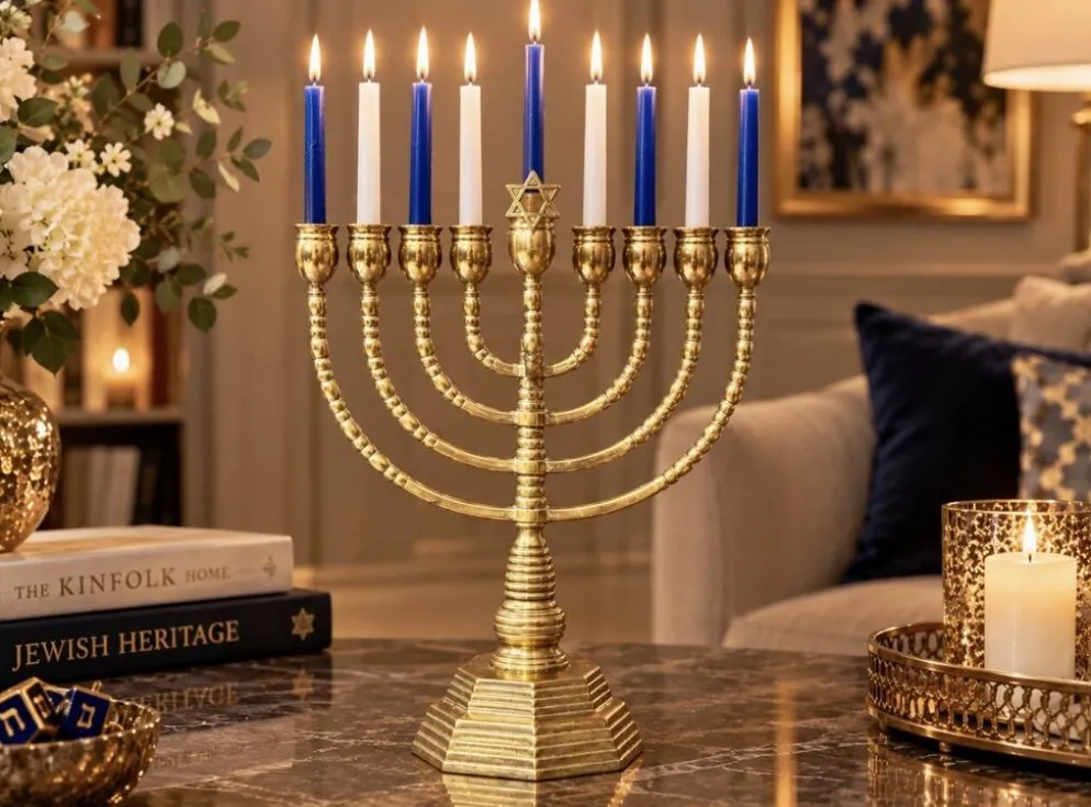 Candelabres vintage Menorah à 9 branches Judaica juive porte-bougies en laiton doré