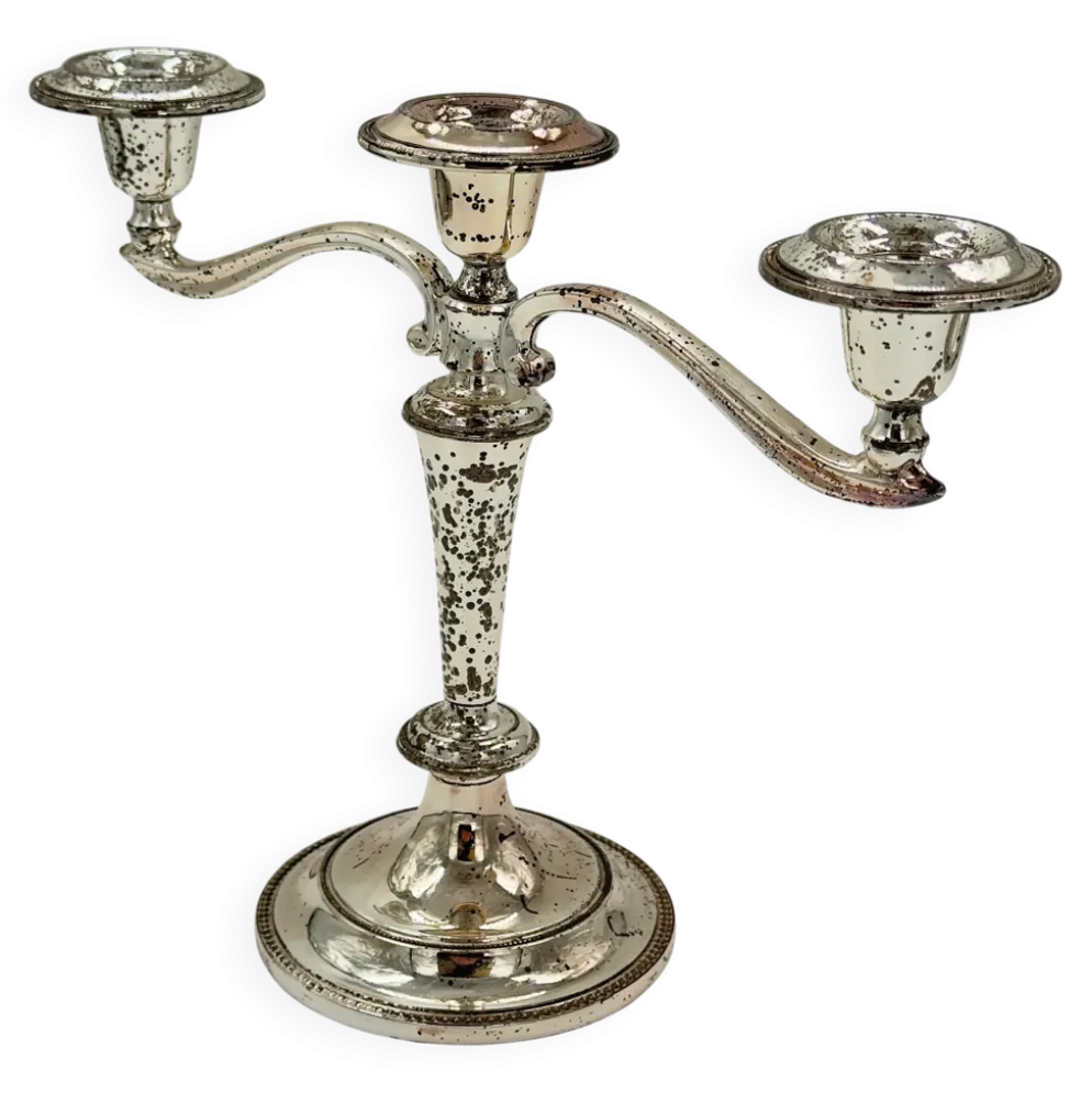 Candélabre vintage à trois lumières en métal argenté avec bords perlés