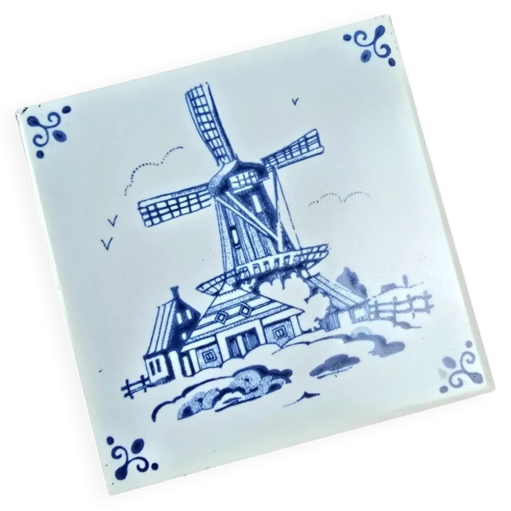 Carreau ancien Royal Mosa Holland – Décor moulin bleu Delft – Faïence vintage