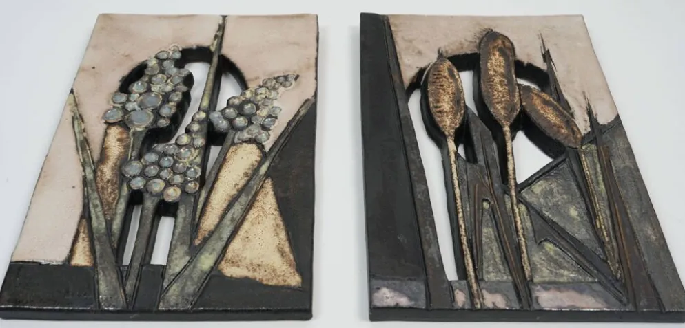 2 carreaux muraux décoratifs vintage des années 1970 par ruscha-keramik design floral