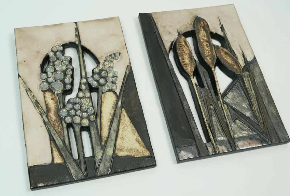 2 carreaux muraux décoratifs vintage des années 1970 par ruscha-keramik design floral