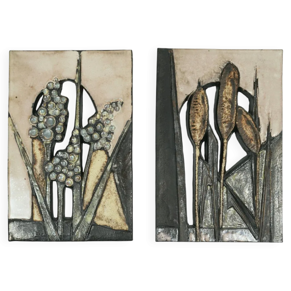 2 carreaux muraux décoratifs vintage des années 1970 par ruscha-keramik design floral