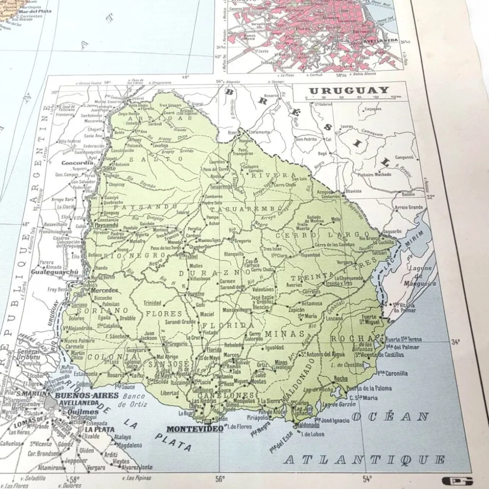 Carte ancienne Amérique du sud Argentine Chili Uruguay 43x43cm de 1950