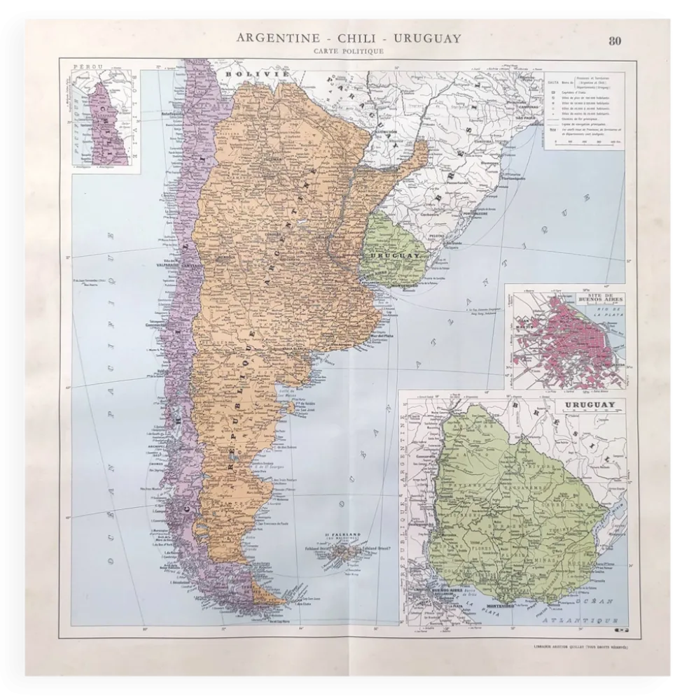 Carte ancienne Amérique du sud Argentine Chili Uruguay 43x43cm de 1950