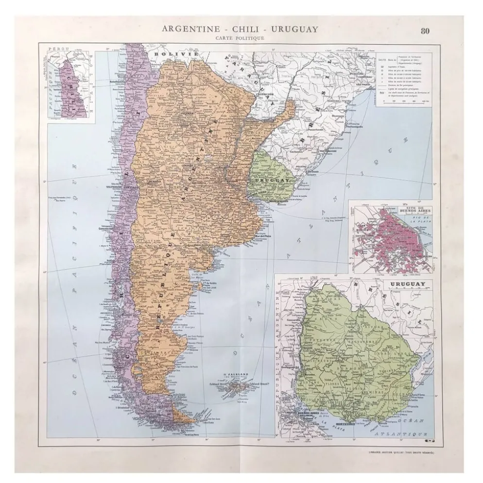 Carte ancienne Amérique du sud Argentine Chili Uruguay 43x43cm de 1950
