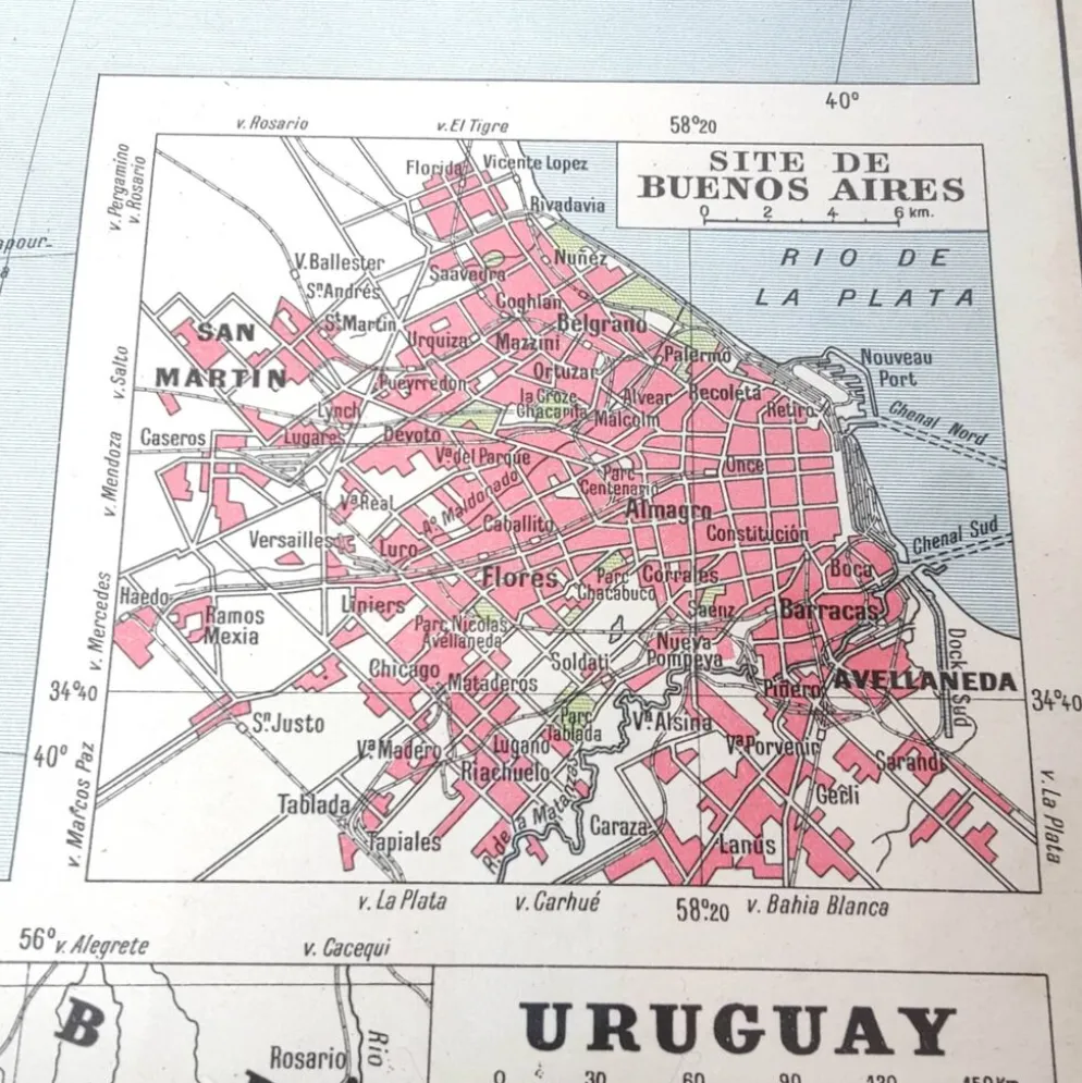 Carte ancienne Amérique du sud Argentine Chili Uruguay 43x43cm de 1950