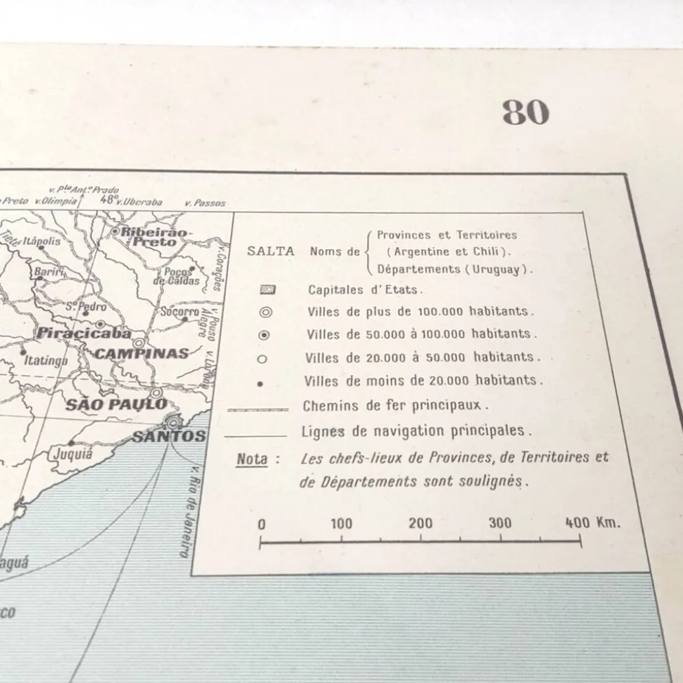 Carte ancienne Amérique du sud Argentine Chili Uruguay 43x43cm de 1950