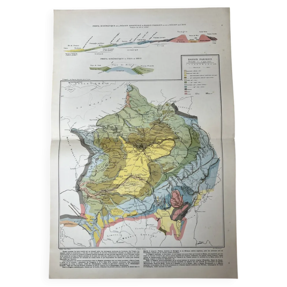 Carte ancienne Bassin Parisien géologique 55x37,5cm