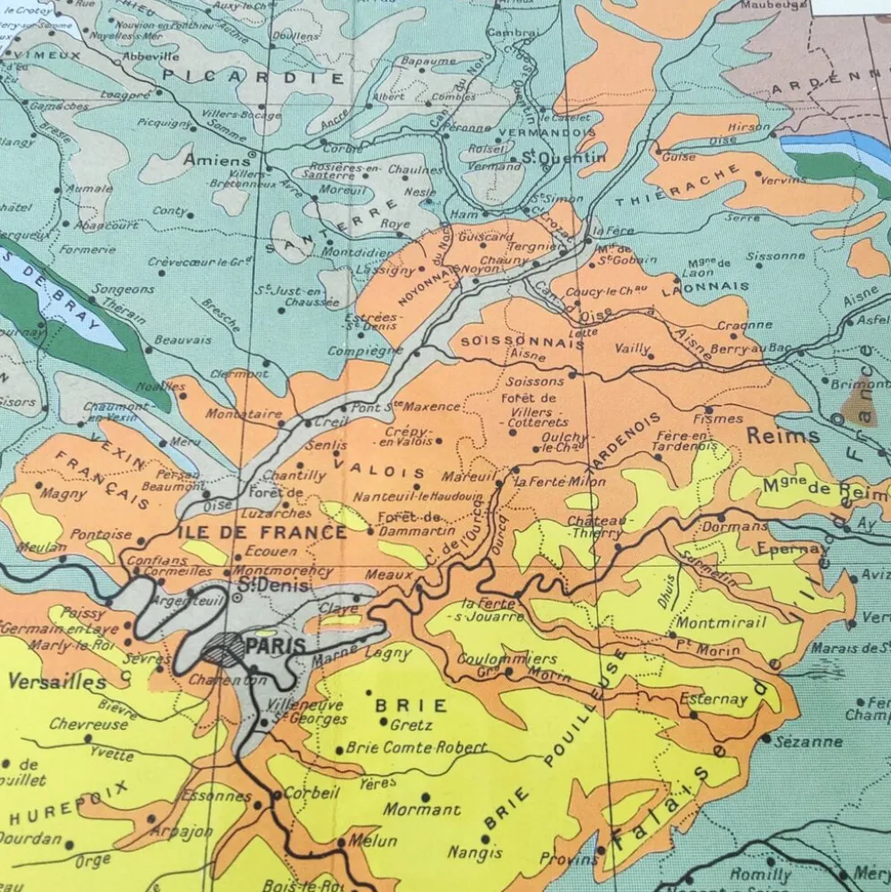 Carte ancienne France bassin parisien 43x43cm de 1950