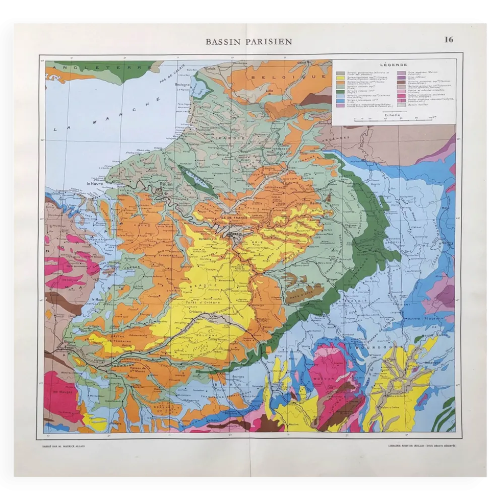 Carte ancienne France bassin parisien 43x43cm de 1950