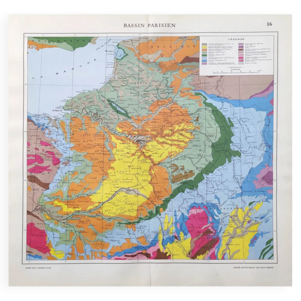Carte ancienne France bassin parisien 43x43cm de 1950