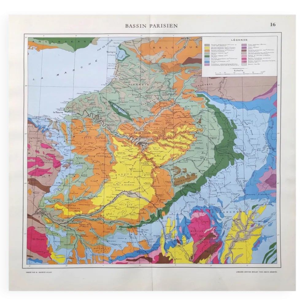 Carte ancienne France bassin parisien 43x43cm de 1950