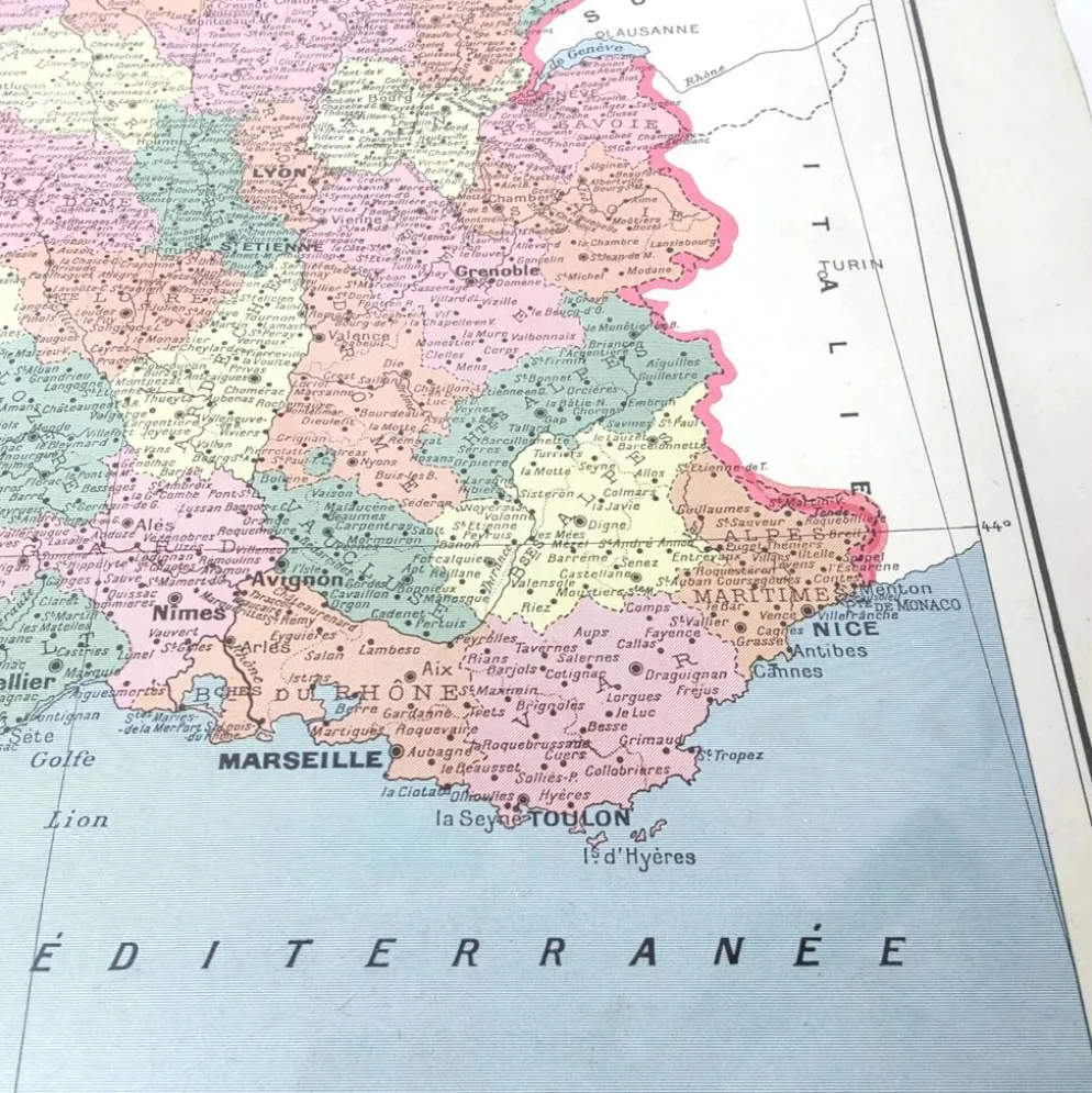 Carte ancienne France et ses départements en 1950 43x43cm