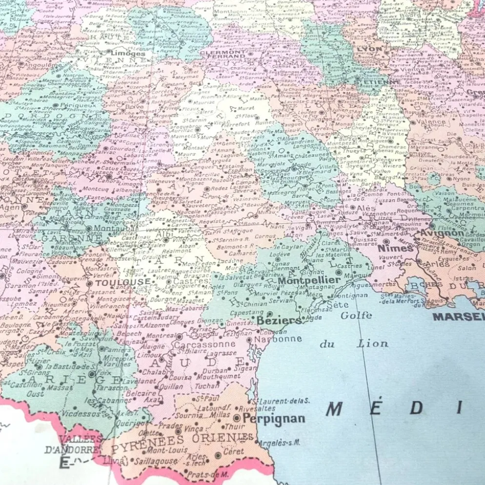 Carte ancienne France et ses départements en 1950 43x43cm