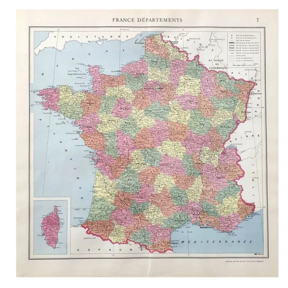 Carte ancienne France et ses départements en 1950 43x43cm