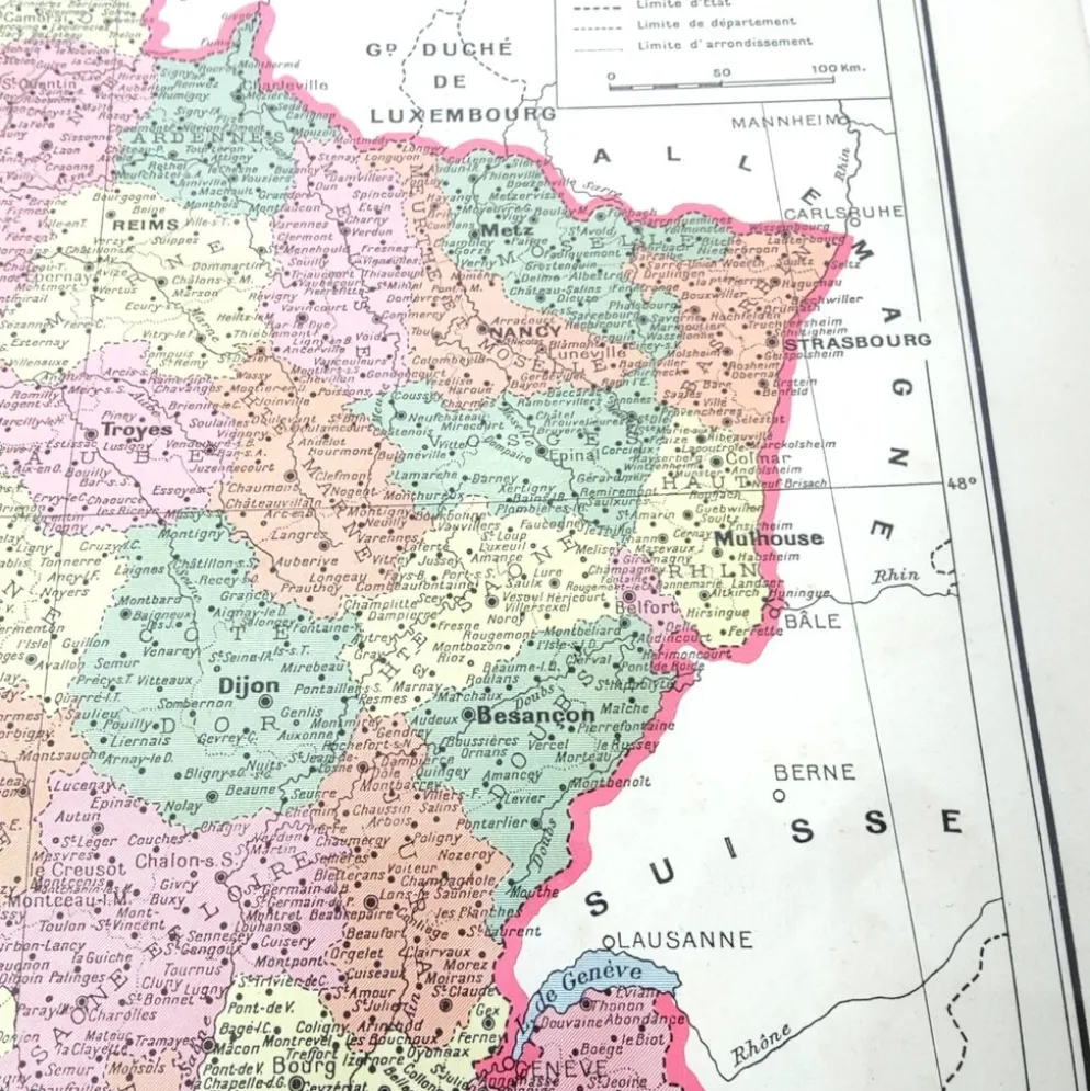 Carte ancienne France et ses départements en 1950 43x43cm