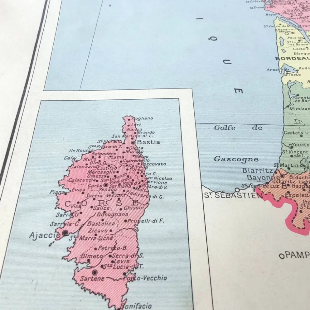 Carte ancienne France et ses départements en 1950 43x43cm