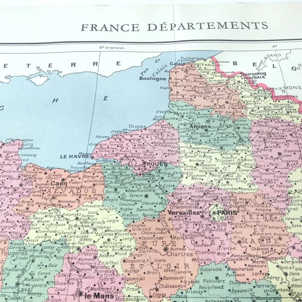 Carte ancienne France et ses départements en 1950 43x43cm
