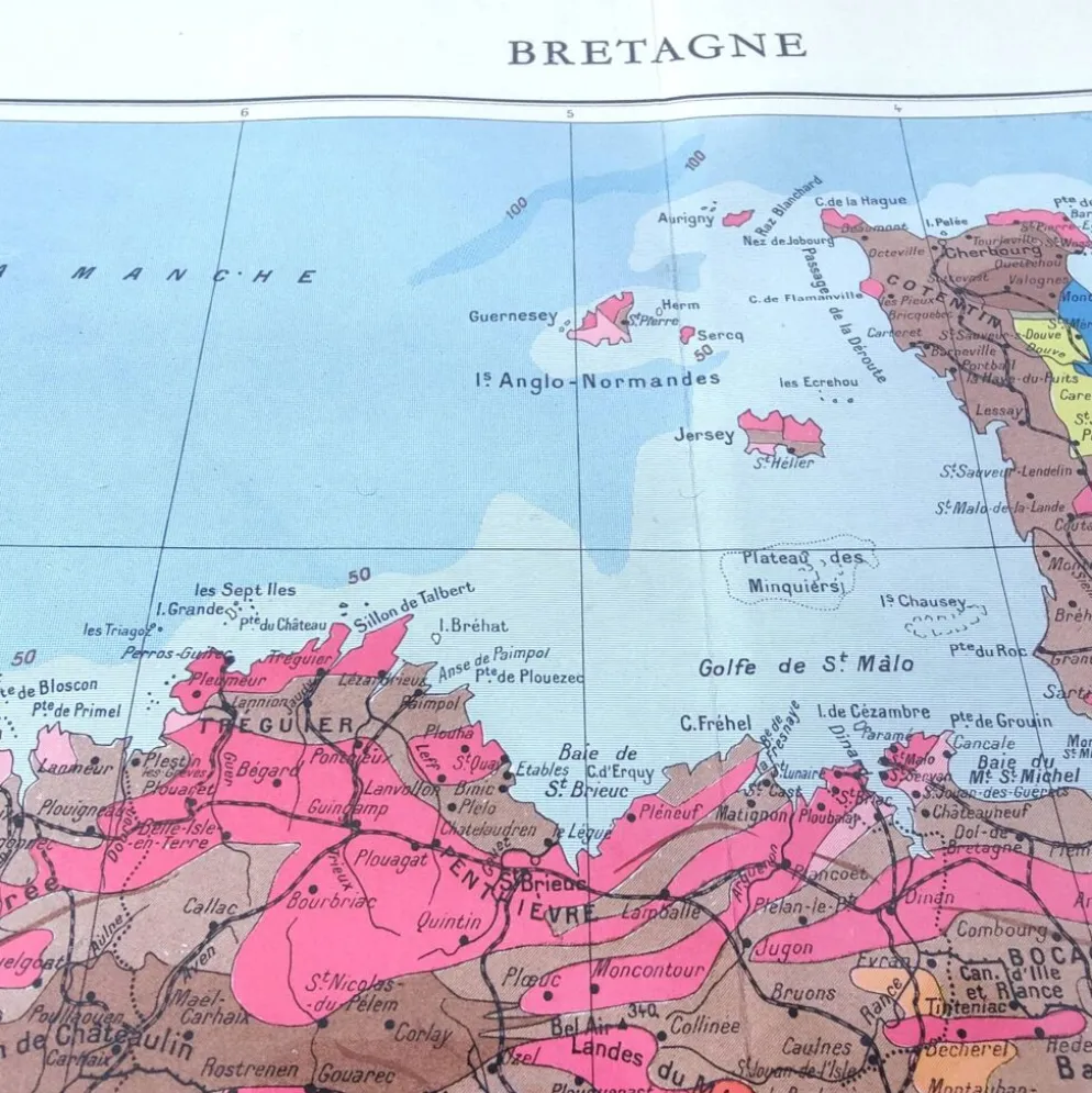 Carte Bretagne et estuaire Loire 43x43cm vintage de 1950
