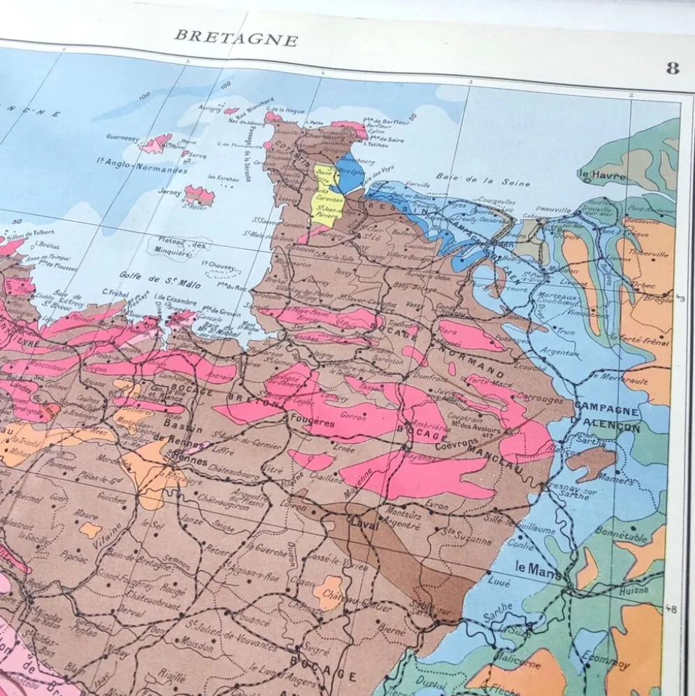 Carte Bretagne et estuaire Loire 43x43cm vintage de 1950