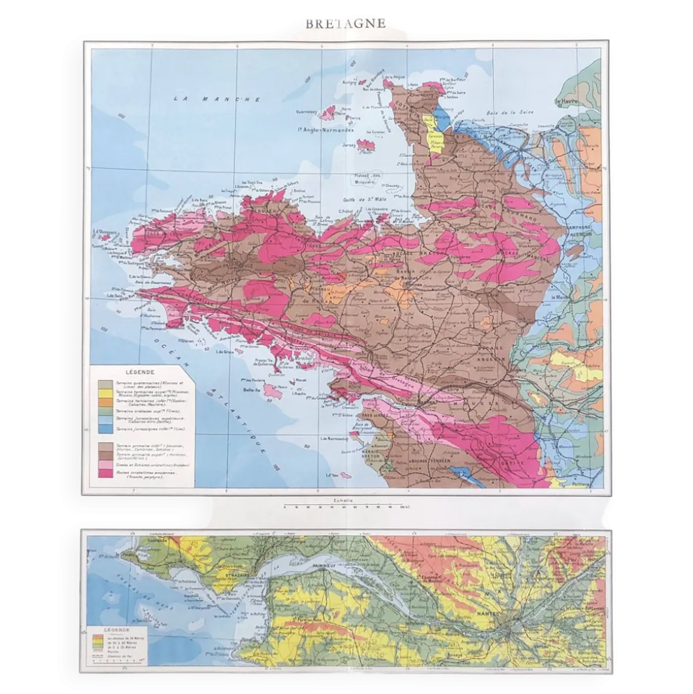 Carte Bretagne et estuaire Loire 43x43cm vintage de 1950