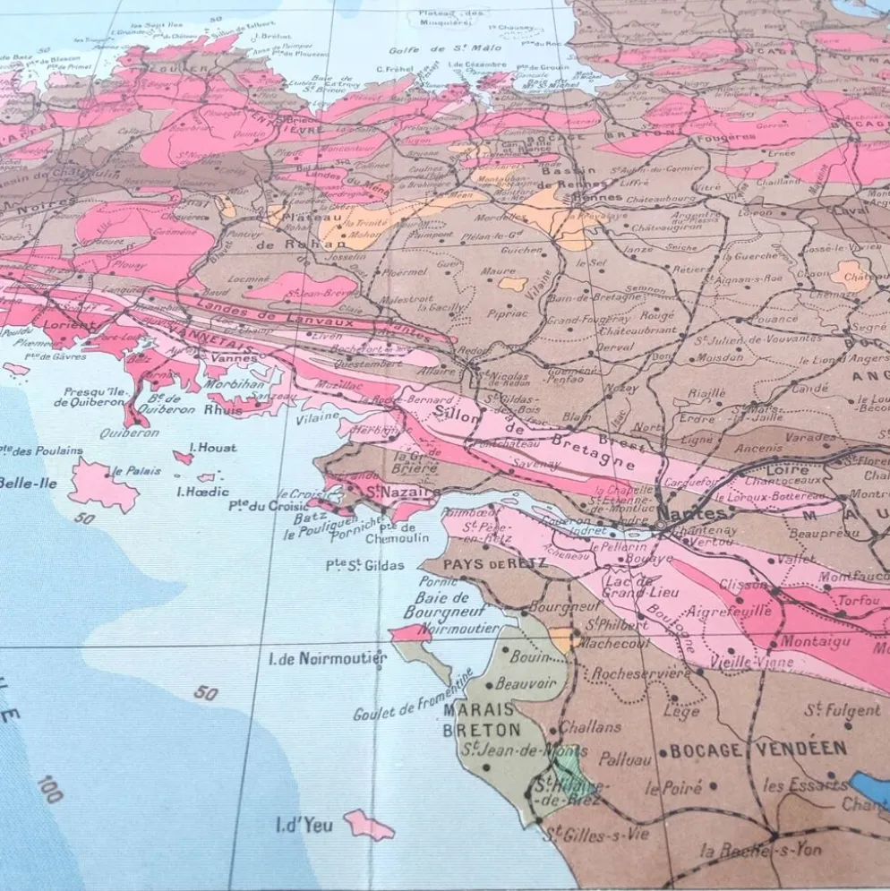 Carte Bretagne et estuaire Loire 43x43cm vintage de 1950