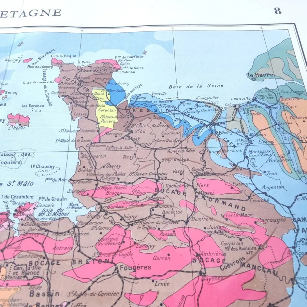 Carte Bretagne et estuaire Loire 43x43cm vintage de 1950
