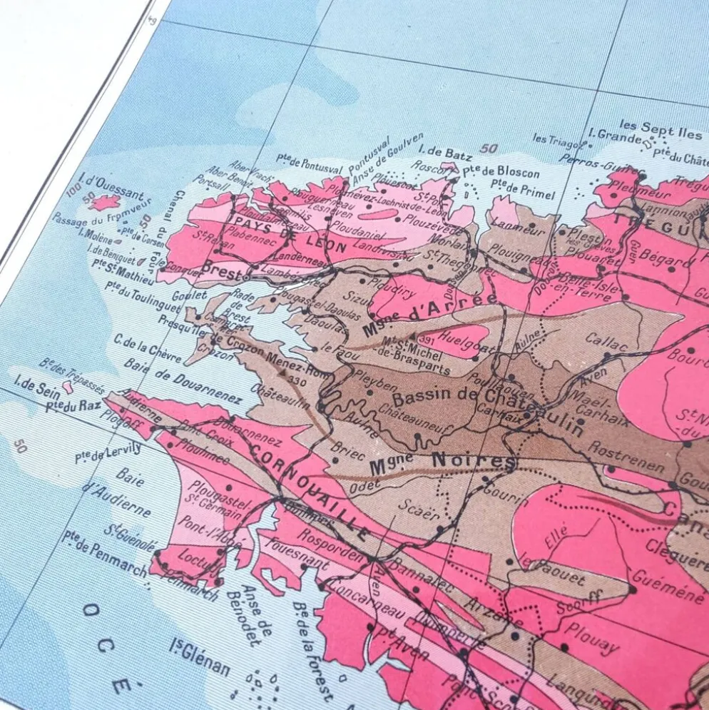 Carte Bretagne et estuaire Loire 43x43cm vintage de 1950