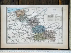 Carte du Nord, France. Antiquité imprimée en 1889.