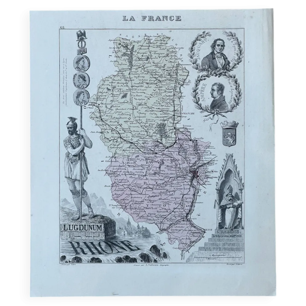Carte du Rhône - Lyon, Ampère, Jacquart, 23x27cm