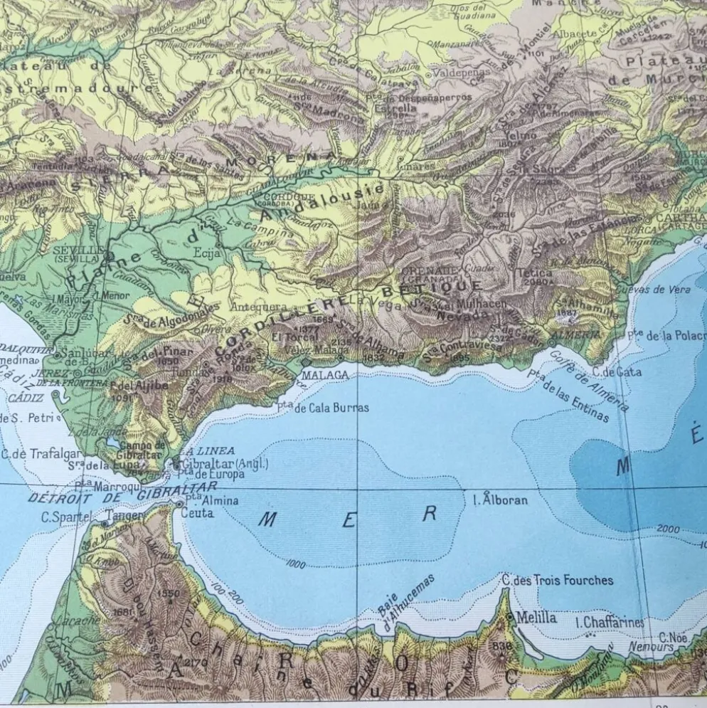 Carte Espagne et Portugal en couleurs vintage 43x43cm de 1950
