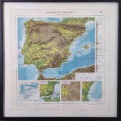 Carte Espagne et Portugal en couleurs vintage 43x43cm de 1950