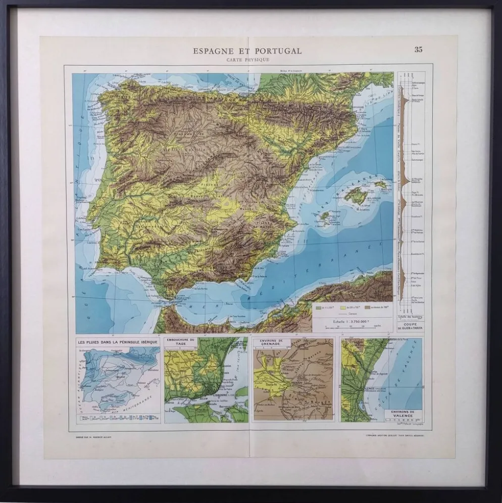 Carte Espagne et Portugal en couleurs vintage 43x43cm de 1950