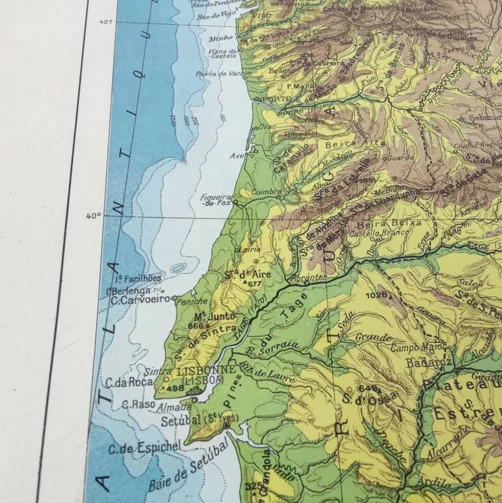 Carte Espagne et Portugal en couleurs vintage 43x43cm de 1950
