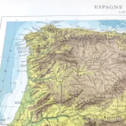 Carte Espagne et Portugal en couleurs vintage 43x43cm de 1950