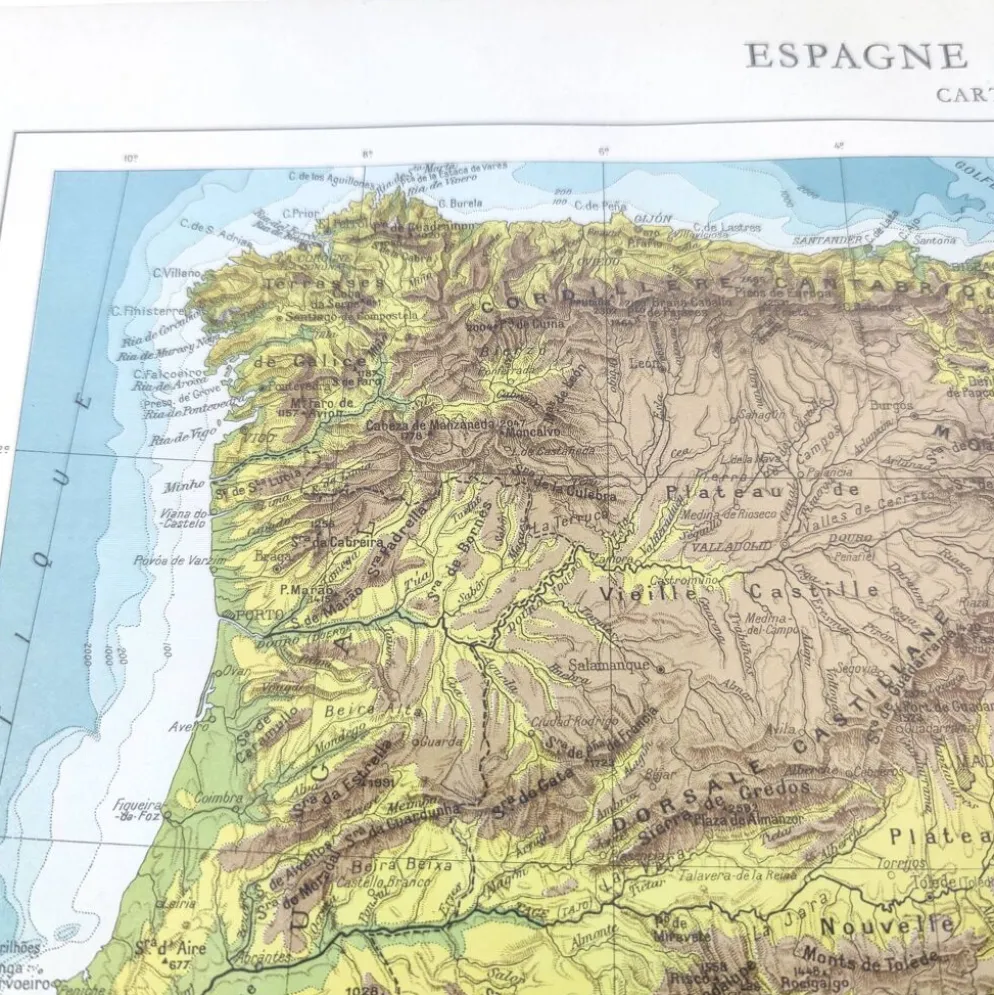Carte Espagne et Portugal en couleurs vintage 43x43cm de 1950