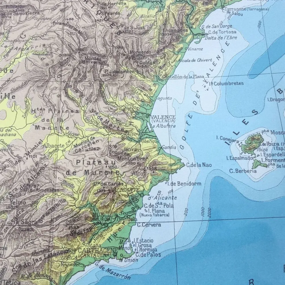 Carte Espagne et Portugal en couleurs vintage 43x43cm de 1950