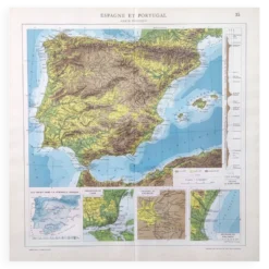 Carte Espagne et Portugal en couleurs vintage 43x43cm de 1950