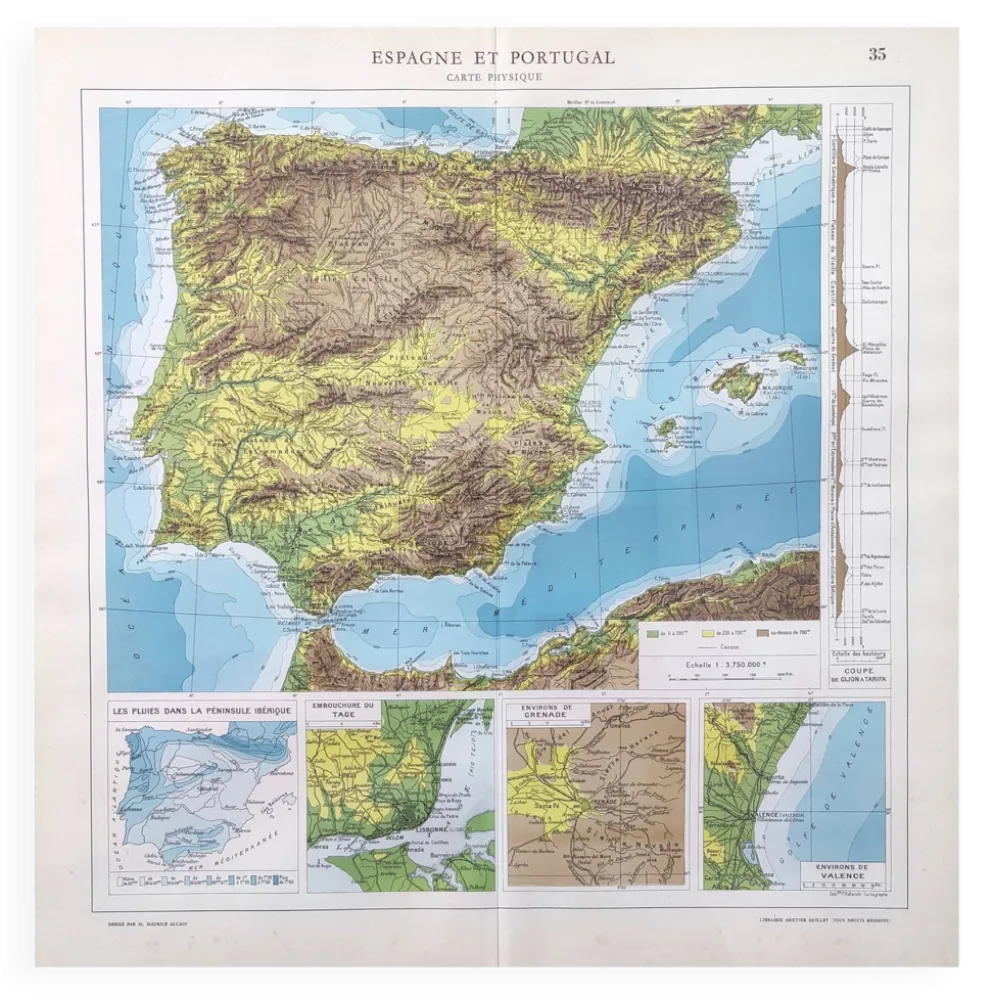 Carte Espagne et Portugal en couleurs vintage 43x43cm de 1950