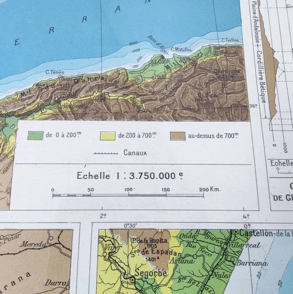 Carte Espagne et Portugal en couleurs vintage 43x43cm de 1950