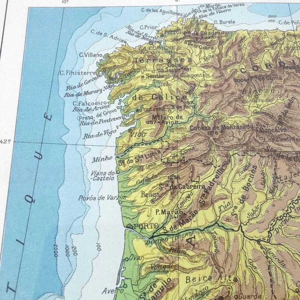 Carte Espagne et Portugal en couleurs vintage 43x43cm de 1950