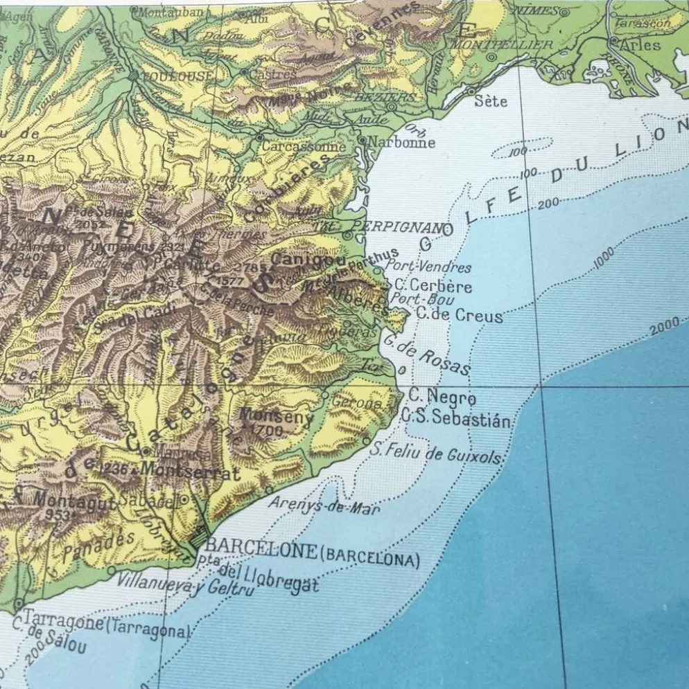 Carte Espagne et Portugal en couleurs vintage 43x43cm de 1950