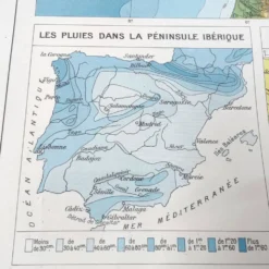 Carte Espagne et Portugal en couleurs vintage 43x43cm de 1950