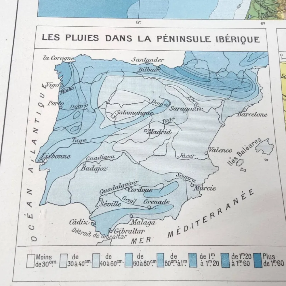 Carte Espagne et Portugal en couleurs vintage 43x43cm de 1950